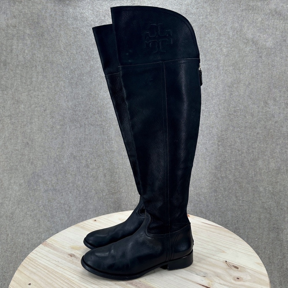 Tory Burch Black‎ Leather Over The Knee Riding Boots 8.5 Back Zip Low Heel